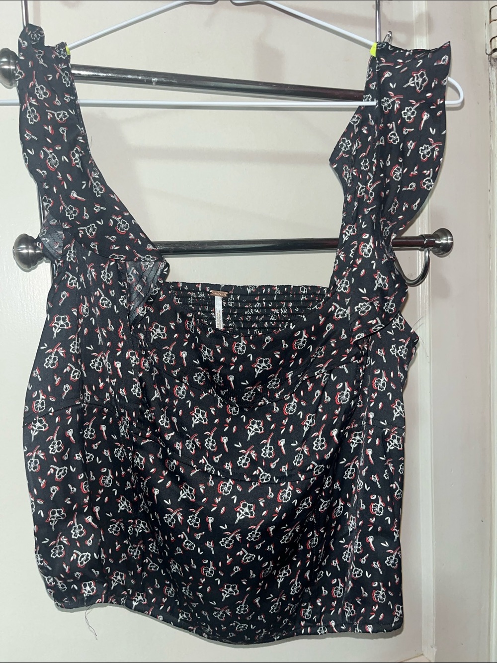 Free People Black Floral Ruffle-Sleeve Crop Top